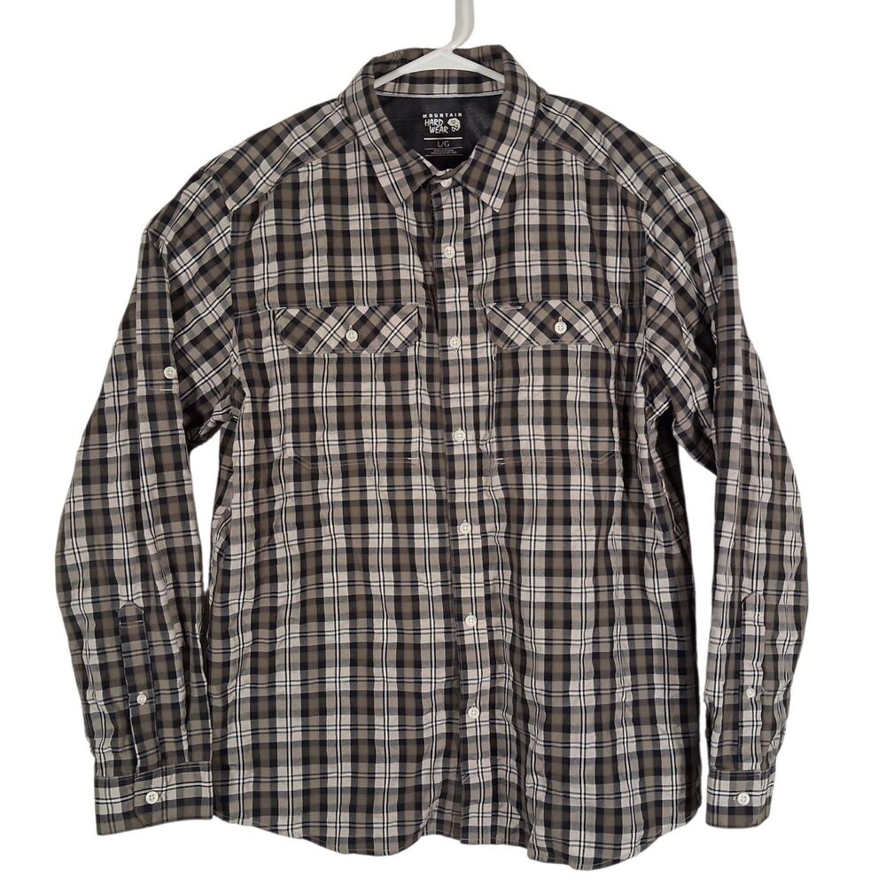 Mountain Hardwear shirt mens L Large gray plaid performance button long sleeve